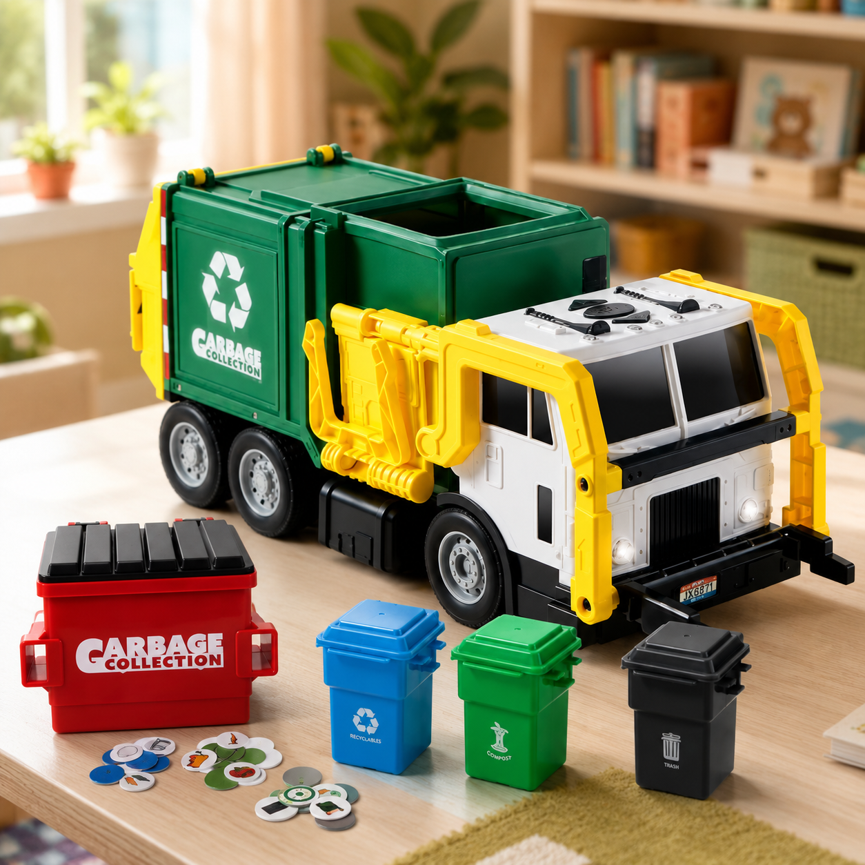 EcoSort friction-powered garbage truck playset on a shelf